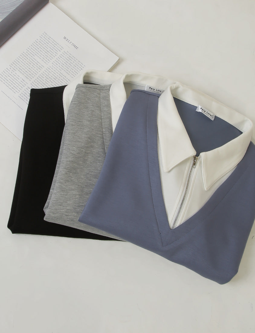 MUA! Space Cotton Color-Block Zipper Faux Two-Piece Plus Size Top