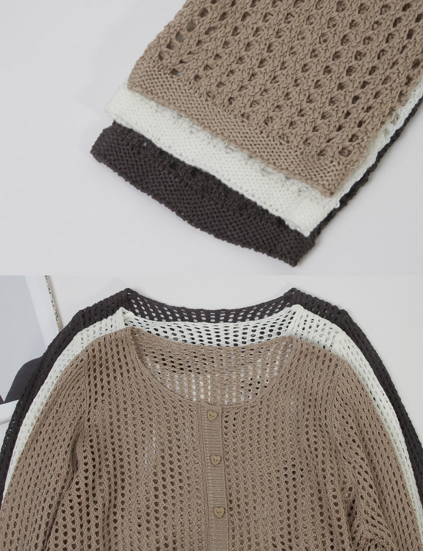 Knit Eyelet Hollow Faux Button Plus Size Top