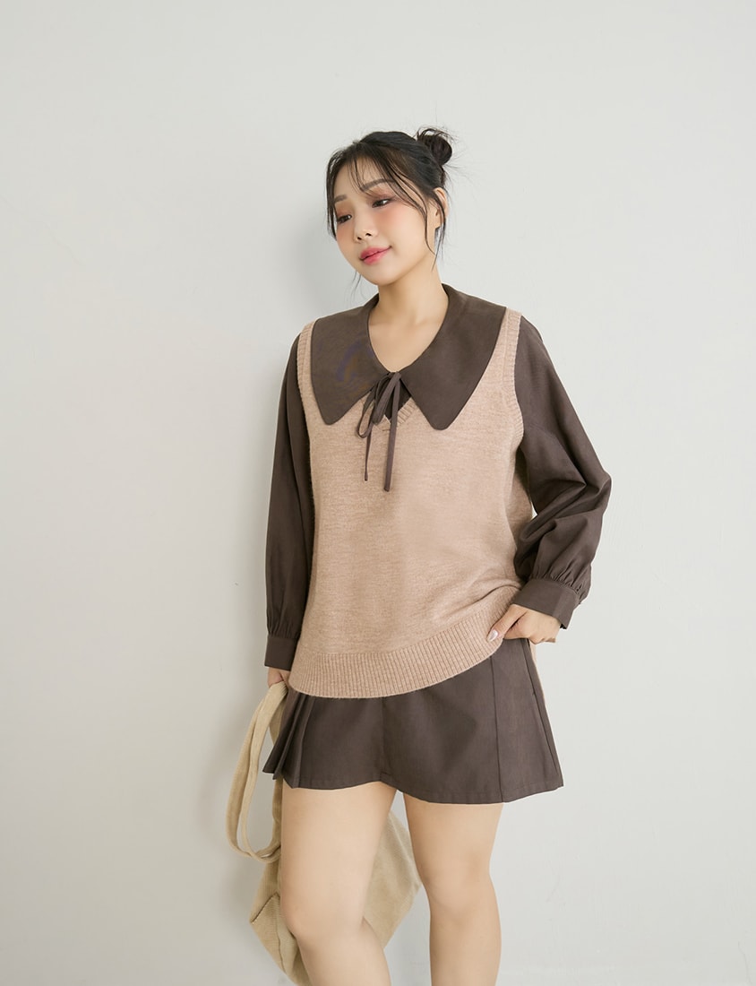 Sweet Multicolor Collar Tie Puff Sleeve Plus Size Shirt