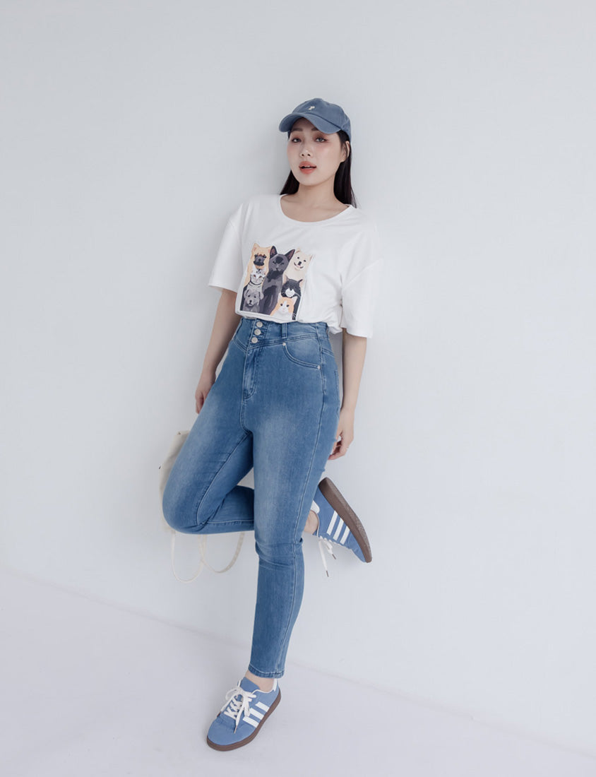 Kitty and Puppy Print Crew Neck Short Sleeve T-shirt