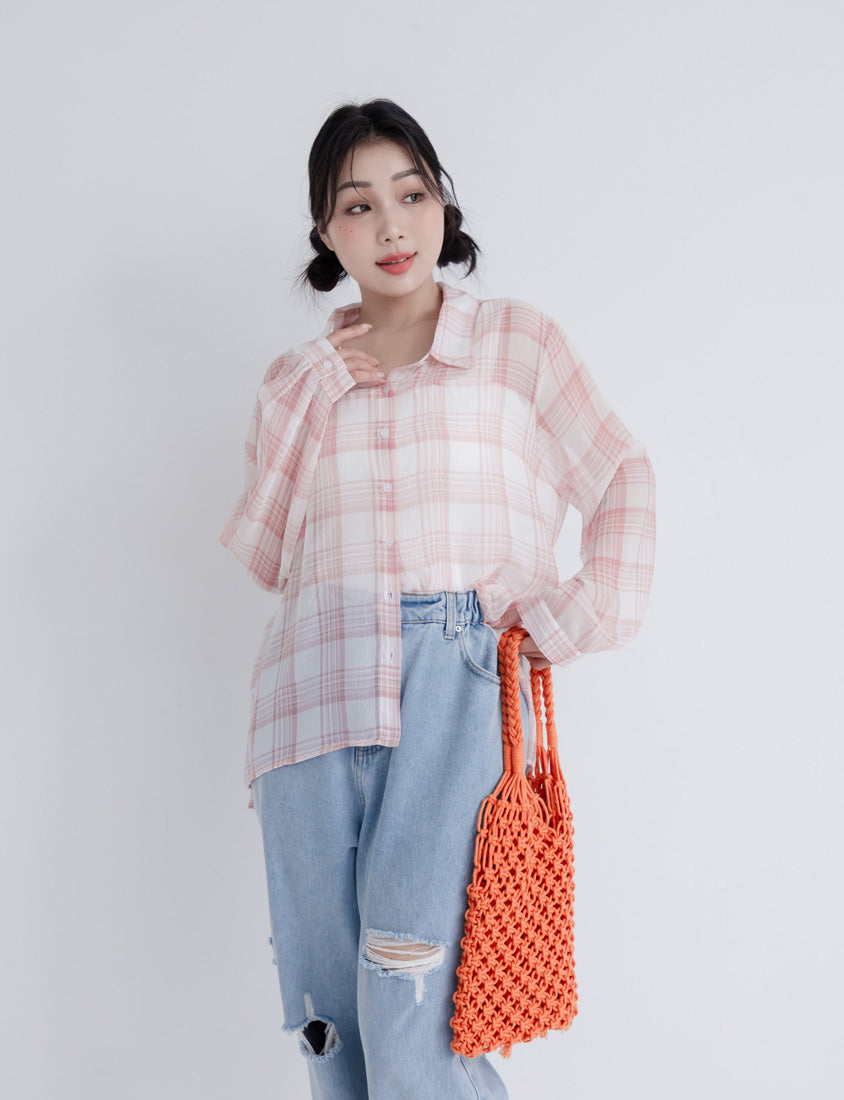 Crinkled Texture Sheer Plaid Plus Size Long Sleeve Shirt