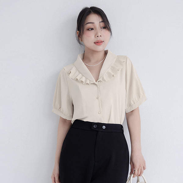 MISS. Korean-Style V-Neck Big Ruffled Puff Sleeve Plus Size Blouse