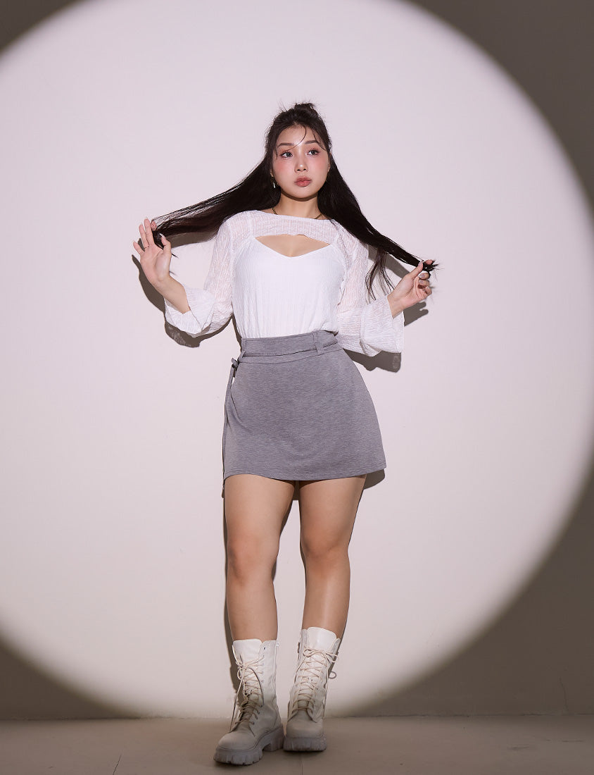 MUA! Cloud Cotton Pleated Slit Plus Size Mini Skirt (With Tie)