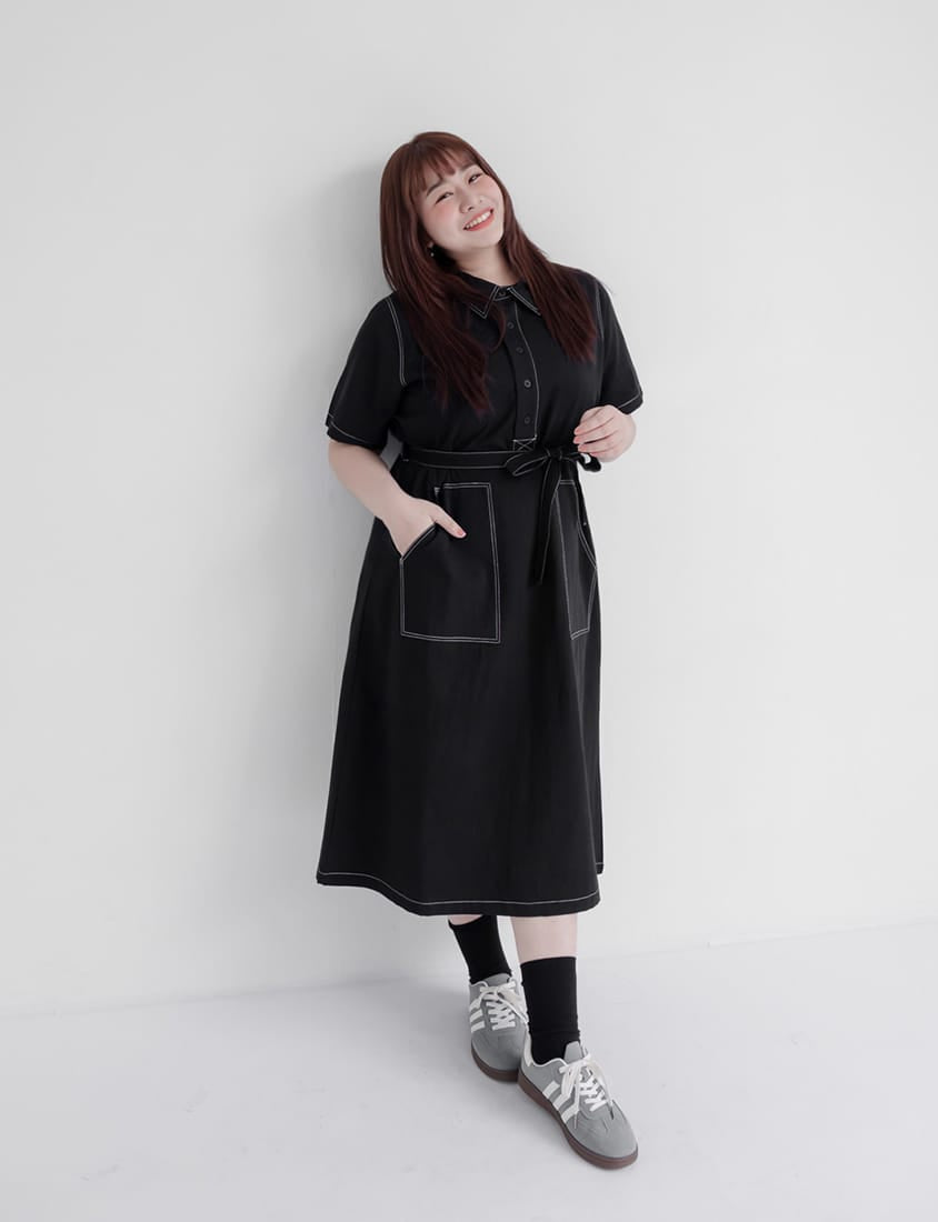 Color-Block Stitching Collar Twill Plus Size Maxi Dress (with Waist Tie)