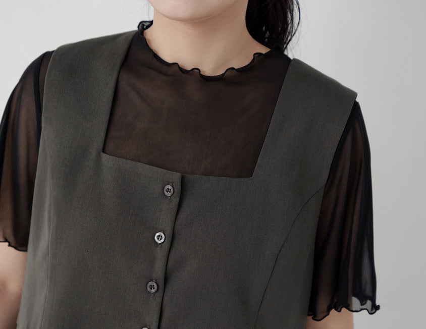 Square Neck Button Pleated Plus Size Mini Dress