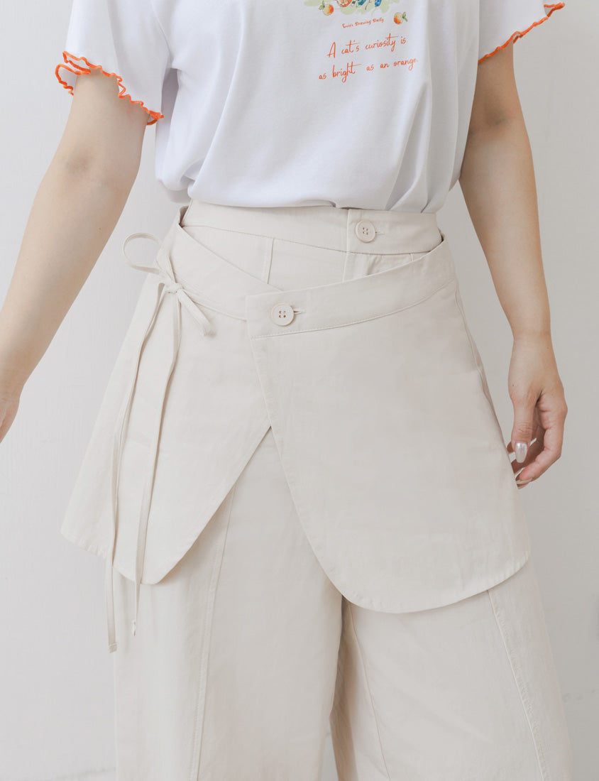 Layered Twill Plus Size Wide-Leg Pants (with Skirt Panel)
