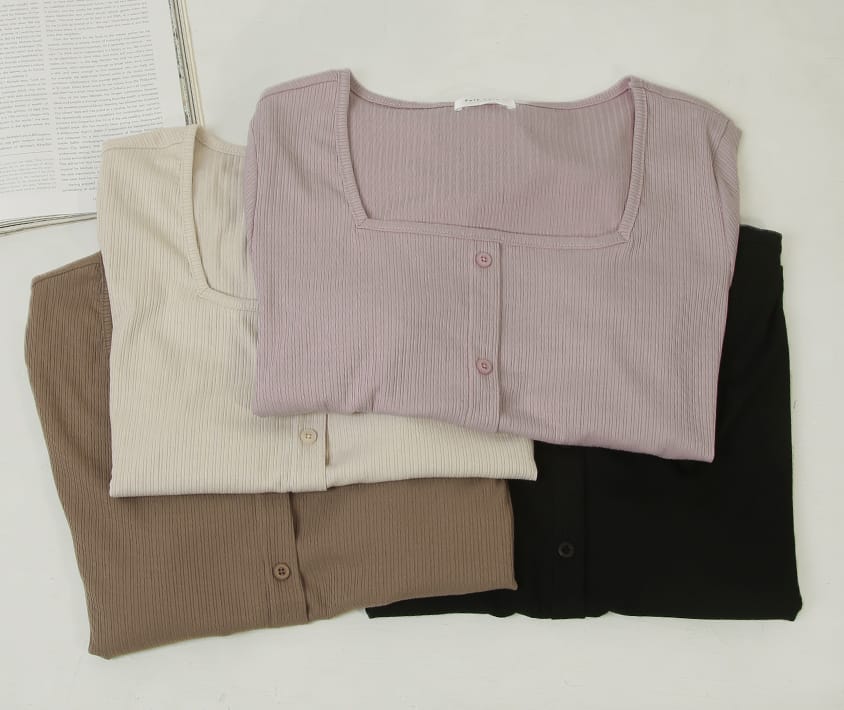 Multi-Color Ribbed Square Neck Faux Button Plus Size Top