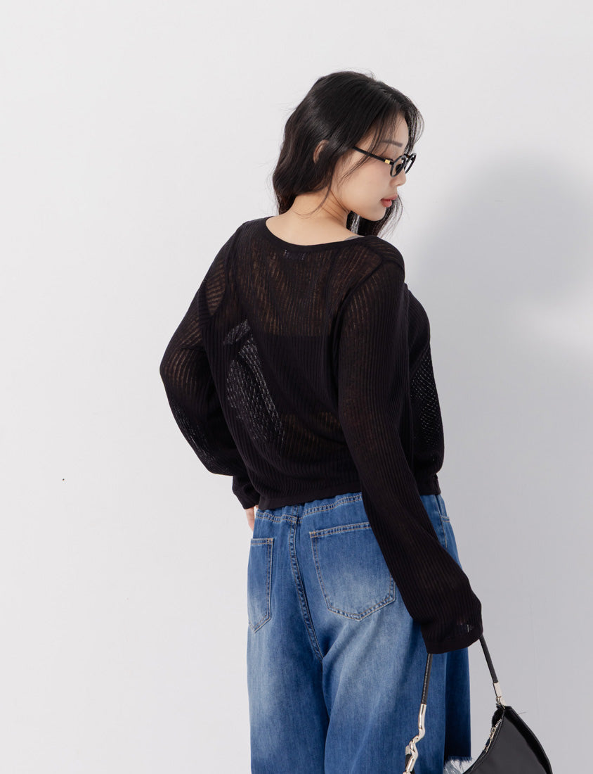 Lyocell Sheer Knit Plus Size Long Sleeve Top