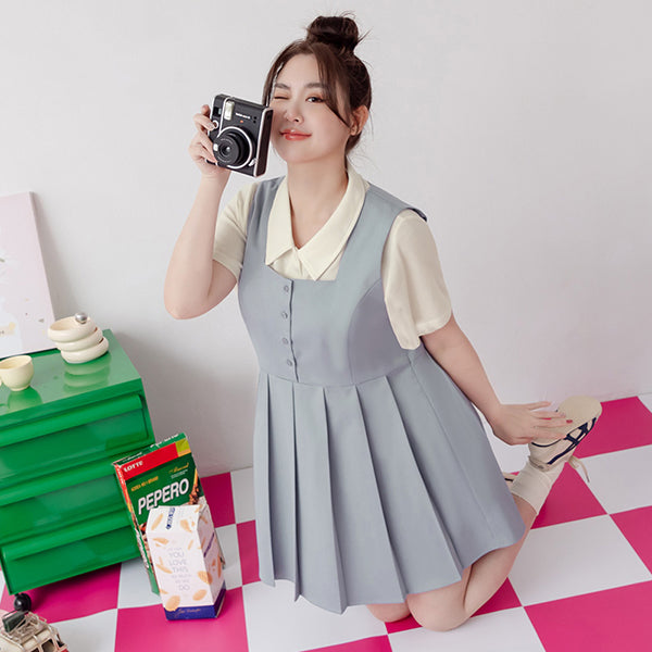 Square Neck Button Pleated Plus Size Mini Dress