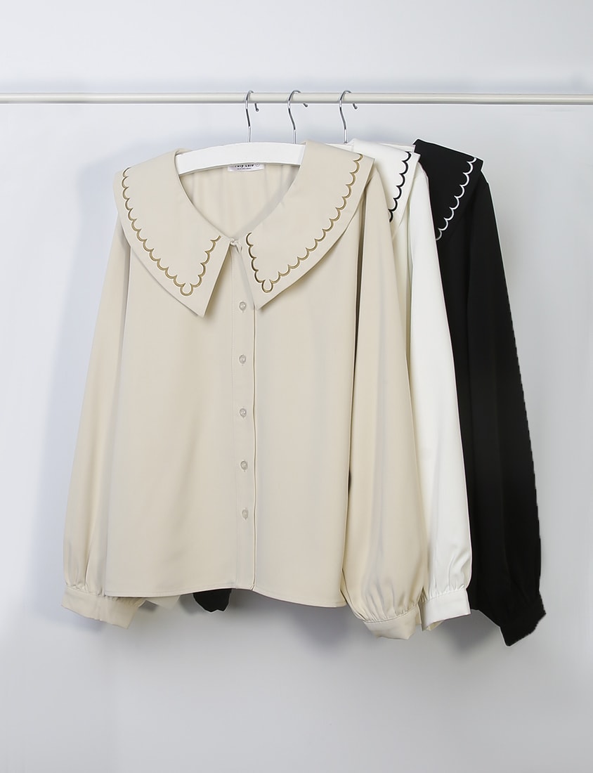 Contrast Embroidered Oversized Collar Plus Size Long Sleeve Shirt