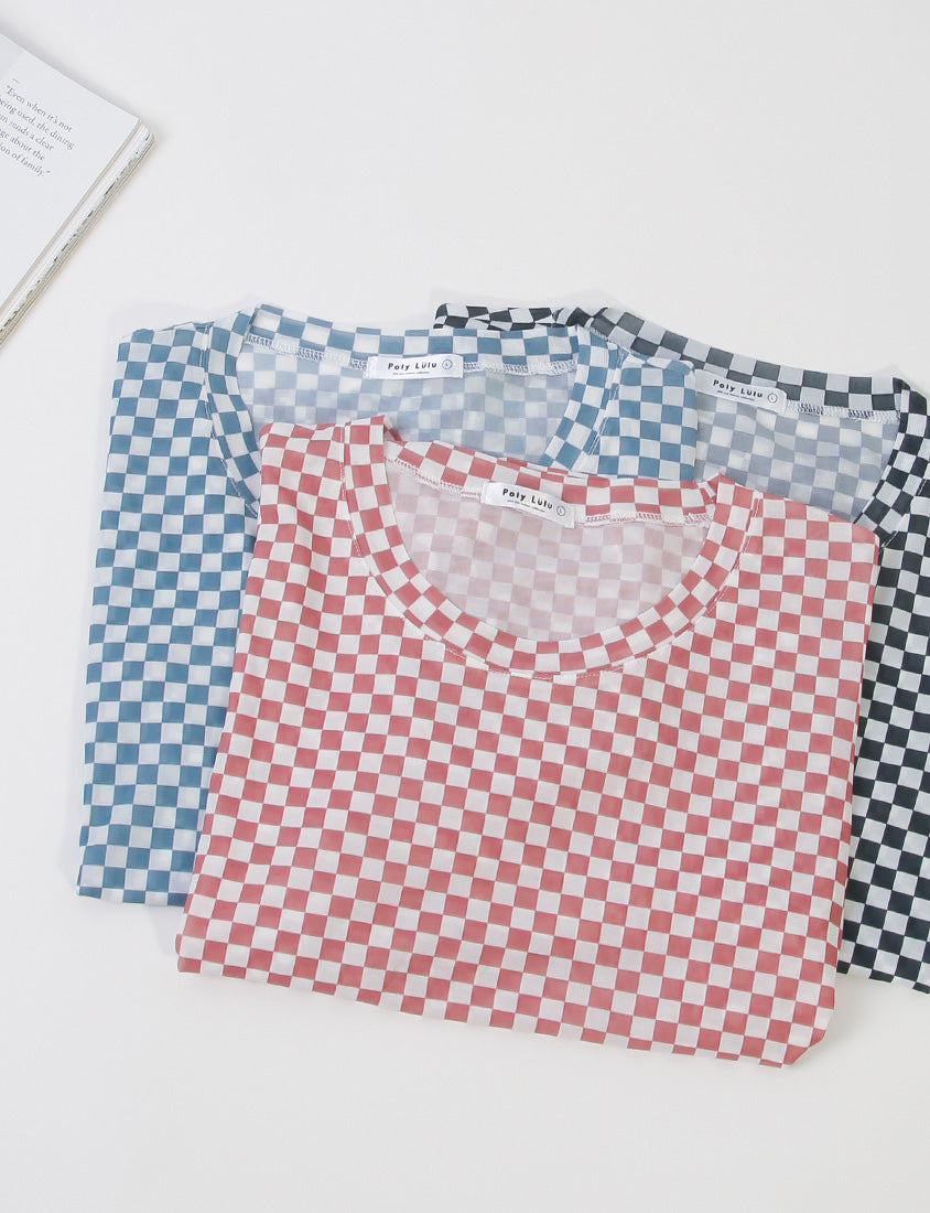 MUA! Sexy Checkered Mesh Long Sleeve Plus Size Top