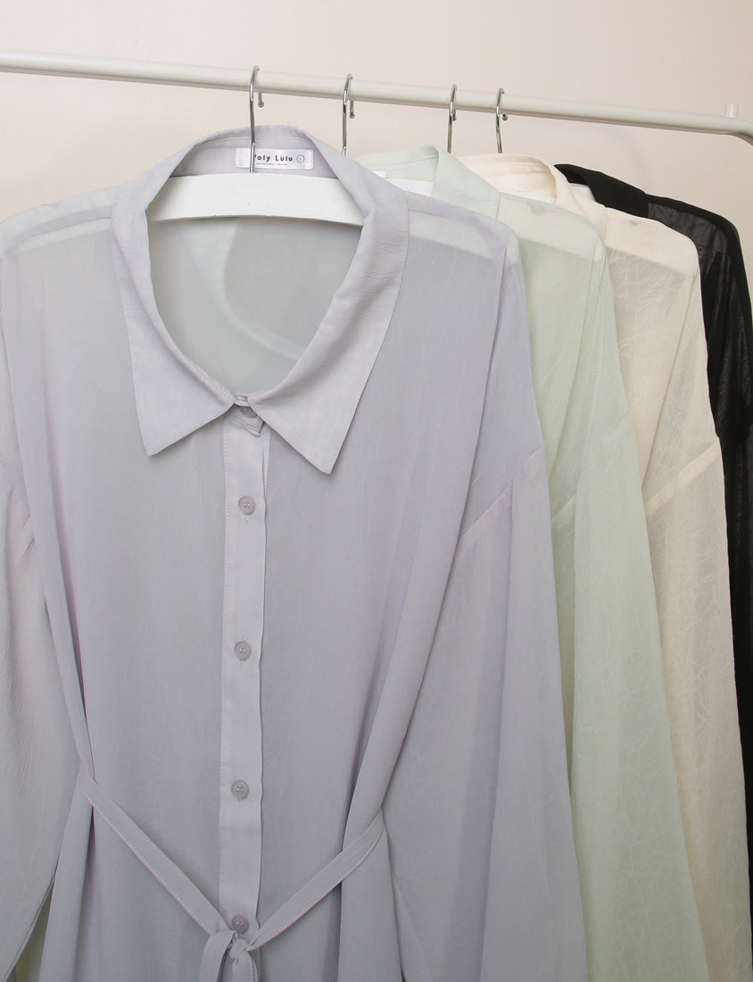Flowy Crinkled Sheer Plus Size Blouse (With Tie)