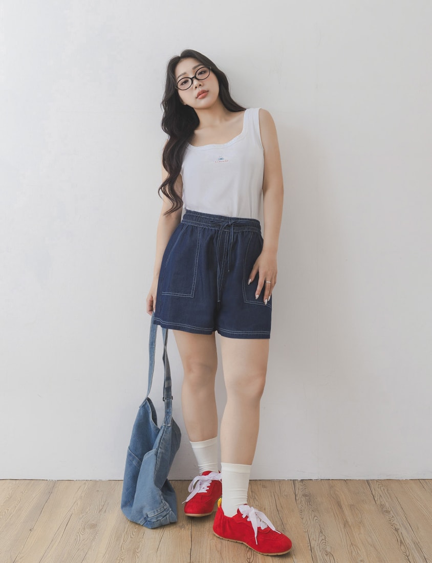 Skin-Friendly Lyocell Silky Denim Contrast Stitch Plus Size Shorts