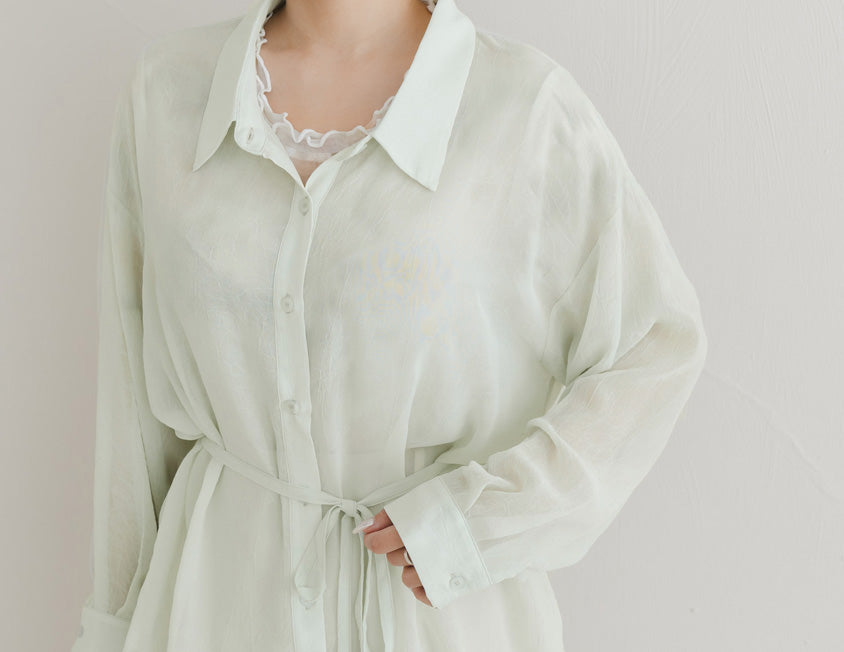 Flowy Crinkled Sheer Plus Size Blouse (With Tie)