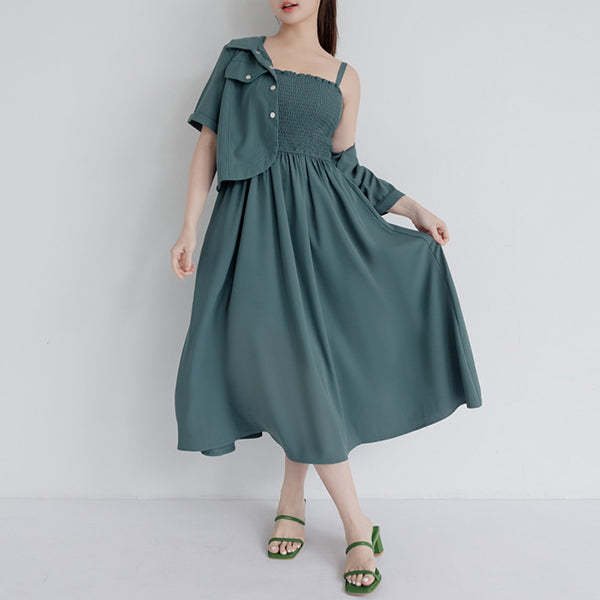 Adjustable Elastic Strap Twill Plus Size Dress