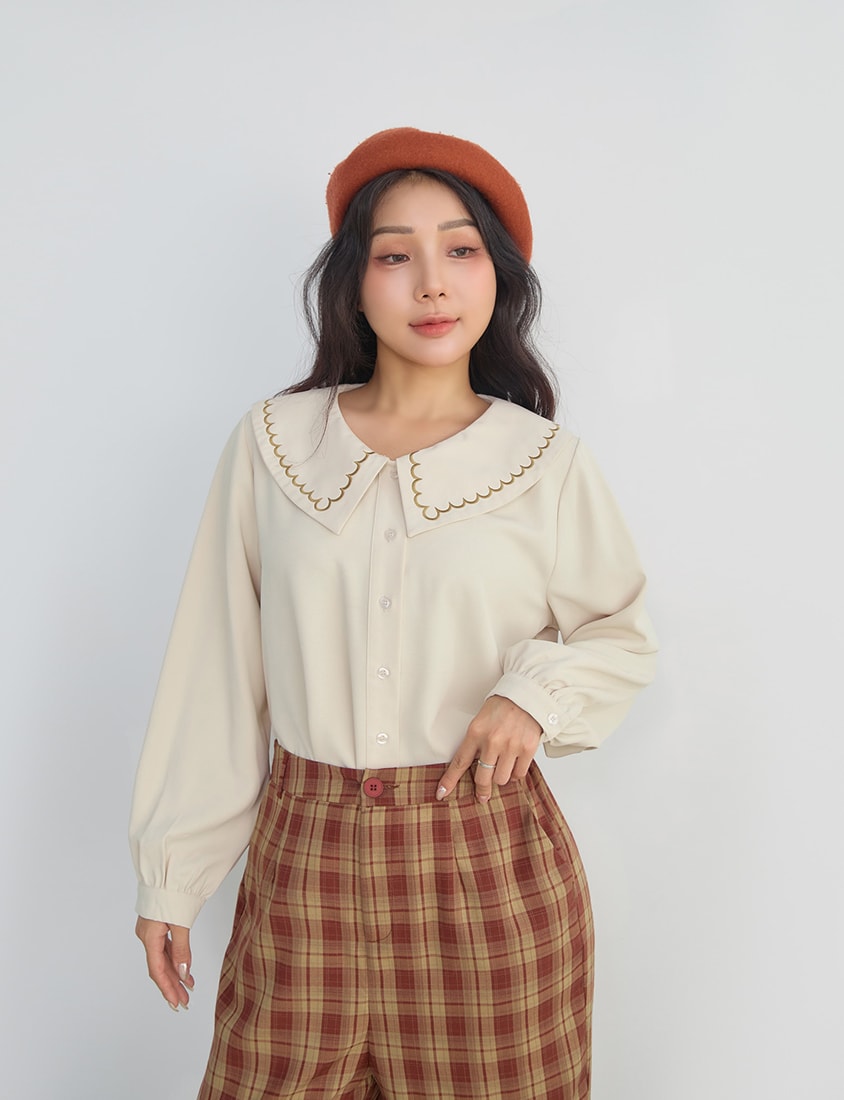 Contrast Embroidered Oversized Collar Plus Size Long Sleeve Shirt