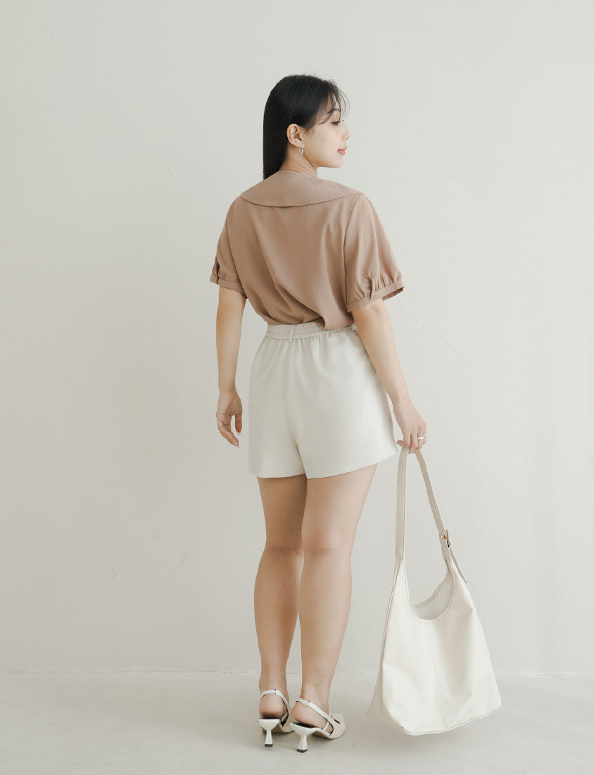 MISS. Sweet Pleated Lapel Collar Plus Size Puff Sleeve Blouse