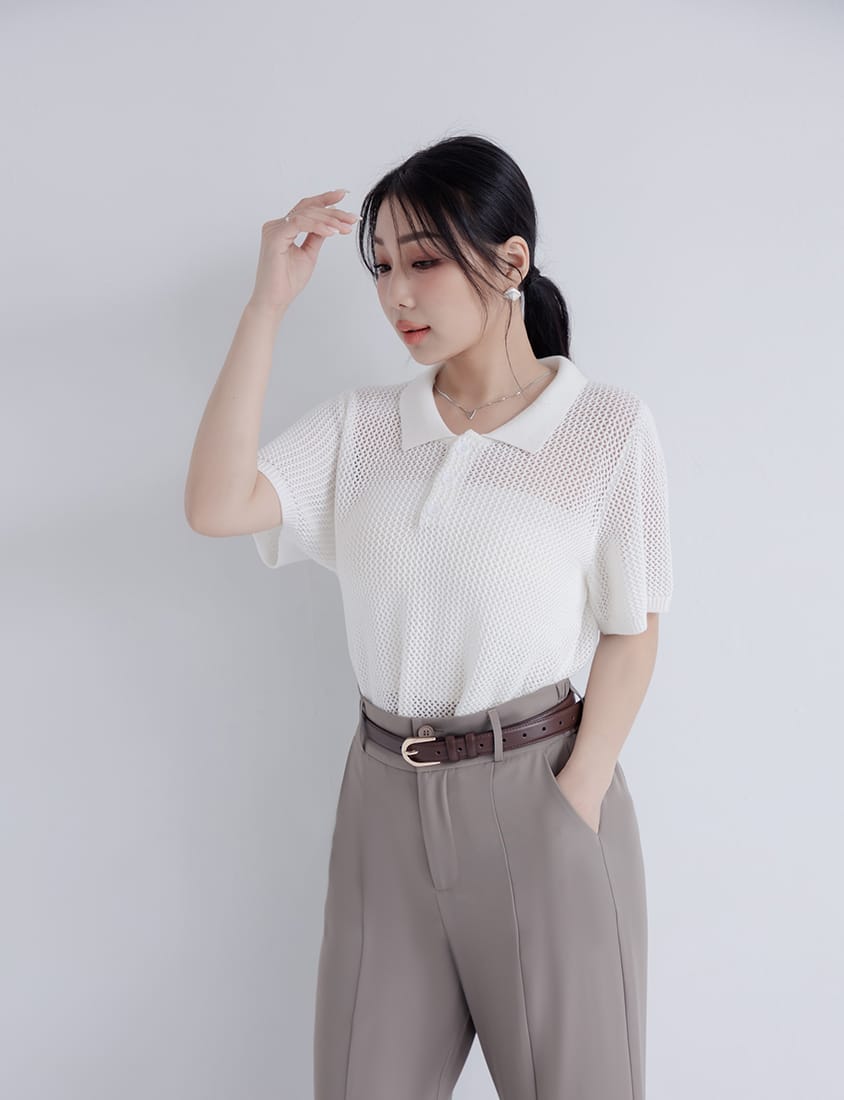 MISS. Polo Collar Knitted Hollow Plus Size Top