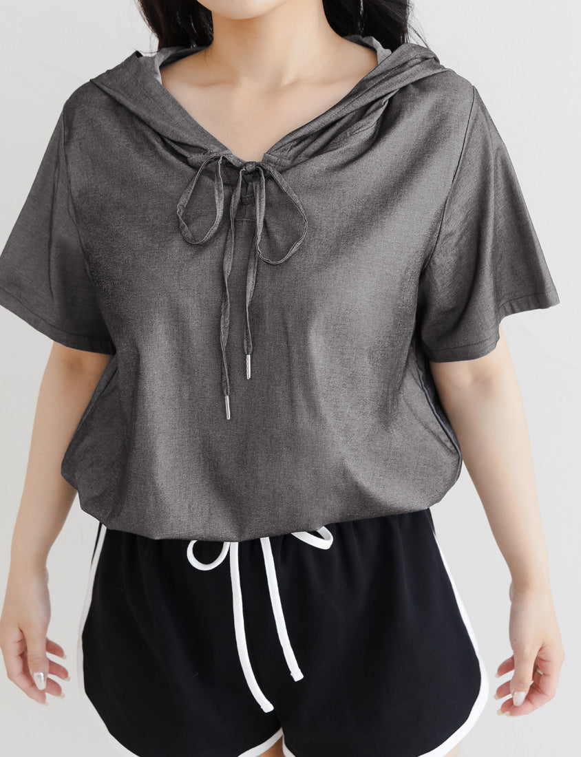 Faux Denim Hoodie Tie-Front Plus Size Short Sleeve Top