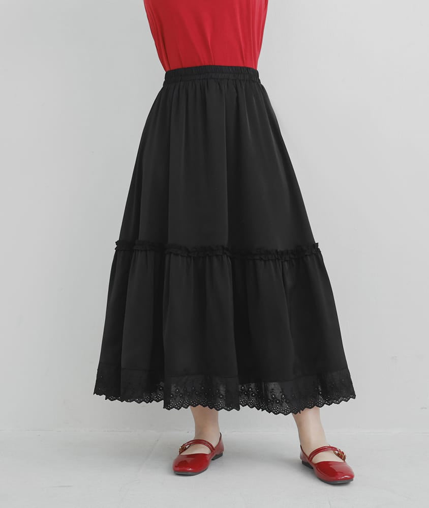 Korean Style Flowy Lace Trim Tiered Plus Size Maxi Skirt