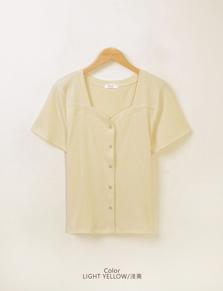 Multicolor Heart Collar Floral Button Plus Size Ribbed Top