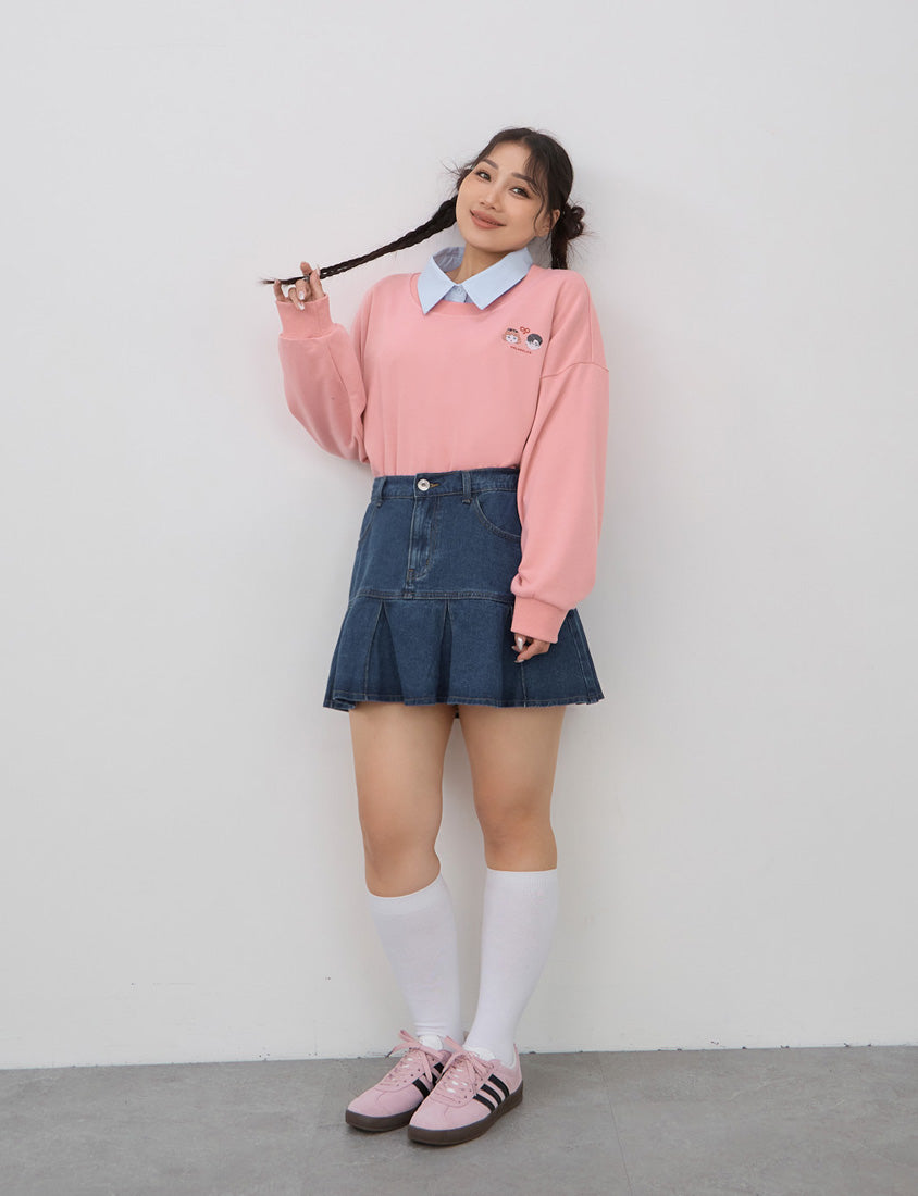 Vintage Washed Pleated Plus Size Denim Skort (With Pants)