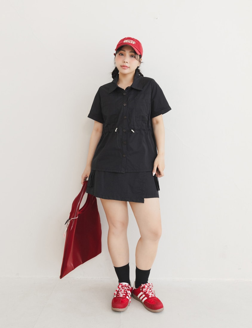 Pockets Cargo Drawstring Waist Plus Size Shirt