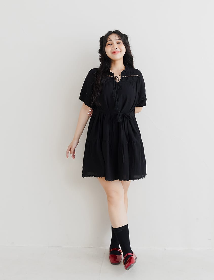 Intricate Lace Tie-Waist Flare Plus Size Mini Dress