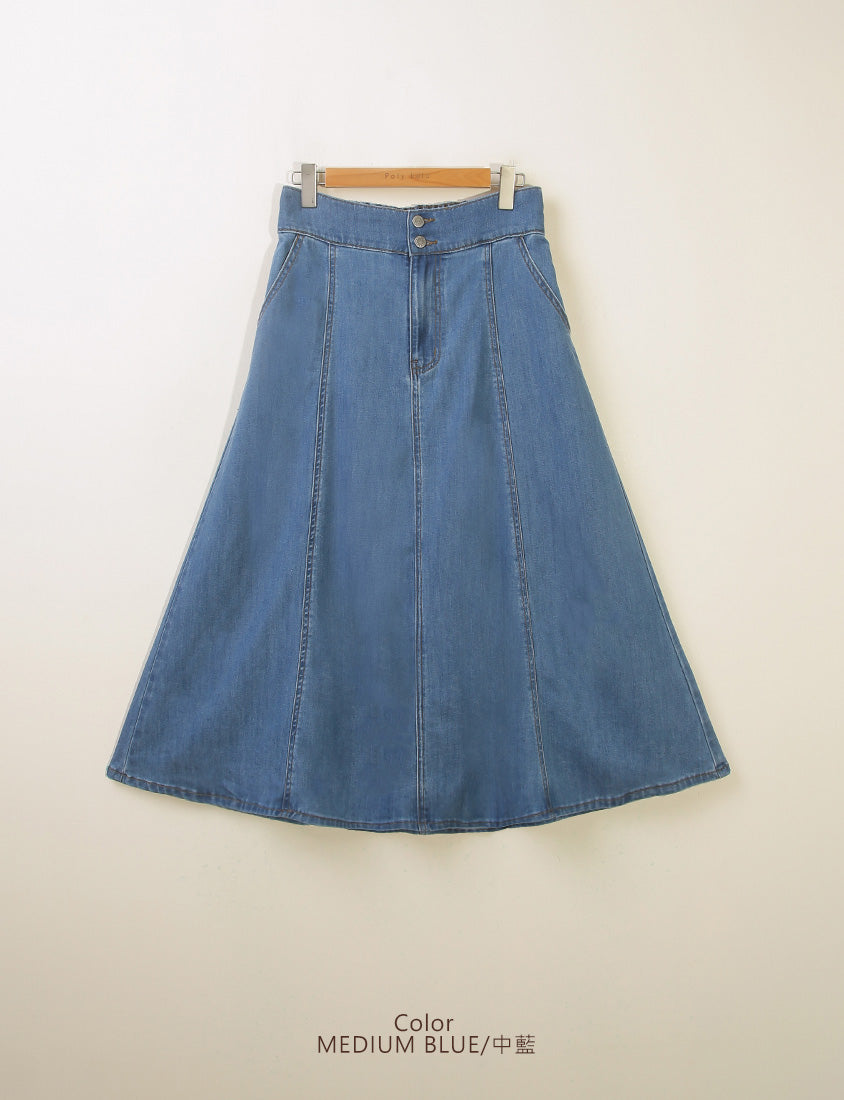 Lyocell Silky Denim Elastic Back Flare Plus Size Maxi Skirt