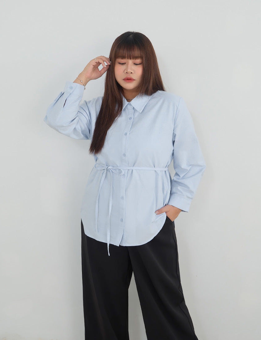 MISS. Korean Oxford Longline Plus Size Shirt (with Waist Tie)