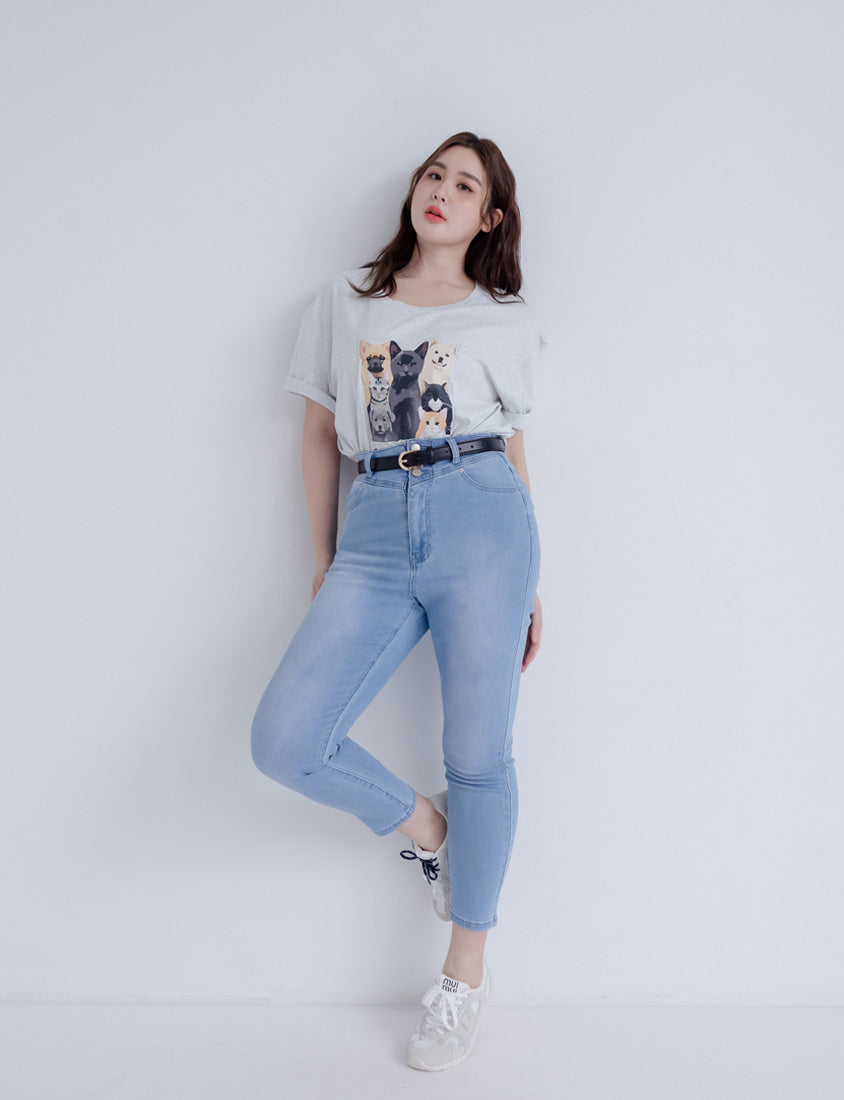 Kitty and Puppy Print Crew Neck Short Sleeve T-shirt