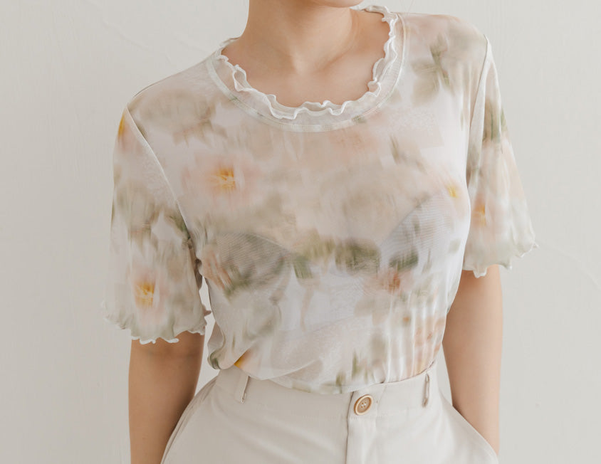 Double Layered Ruffle Sheer Stretch Plus Size Top