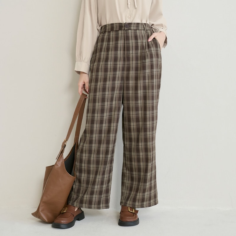 Cozy Plaid Back Elastic Waist Plus Size Tailored Pants