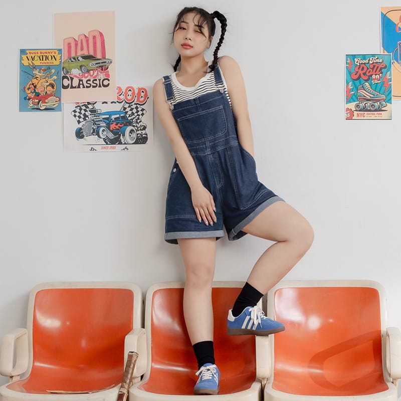 Adjustable Cuffed Denim Plus Size Overall Shorts