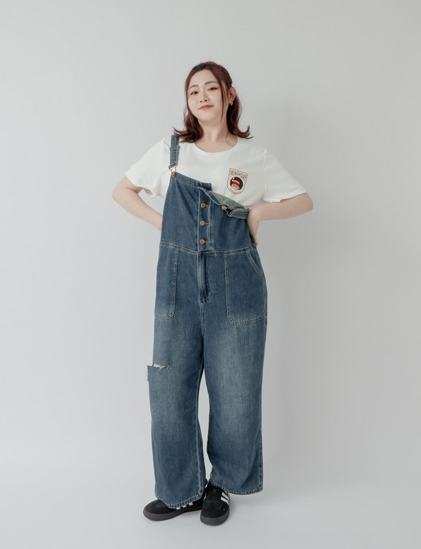 Distressed Button-Up Plus Size Denim Overalls