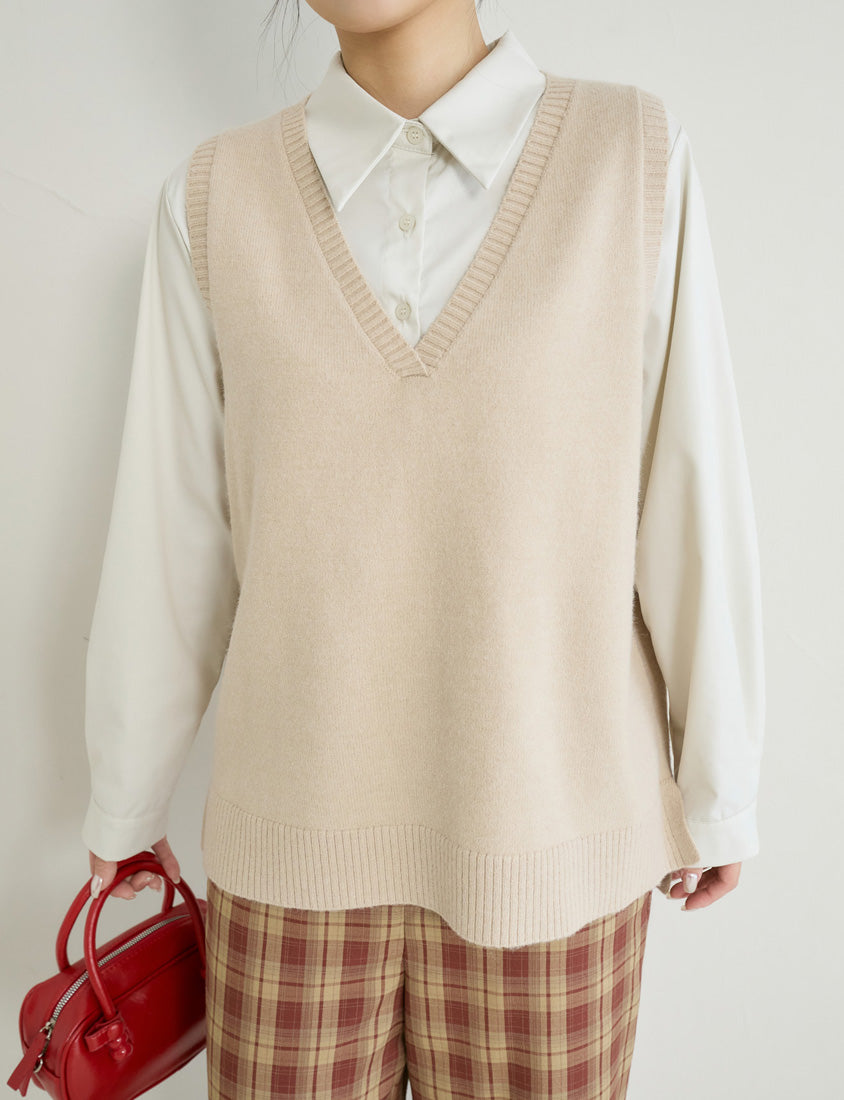 Versatile Multicolor V-Neck Mid-Length Plus Size Knit Vest