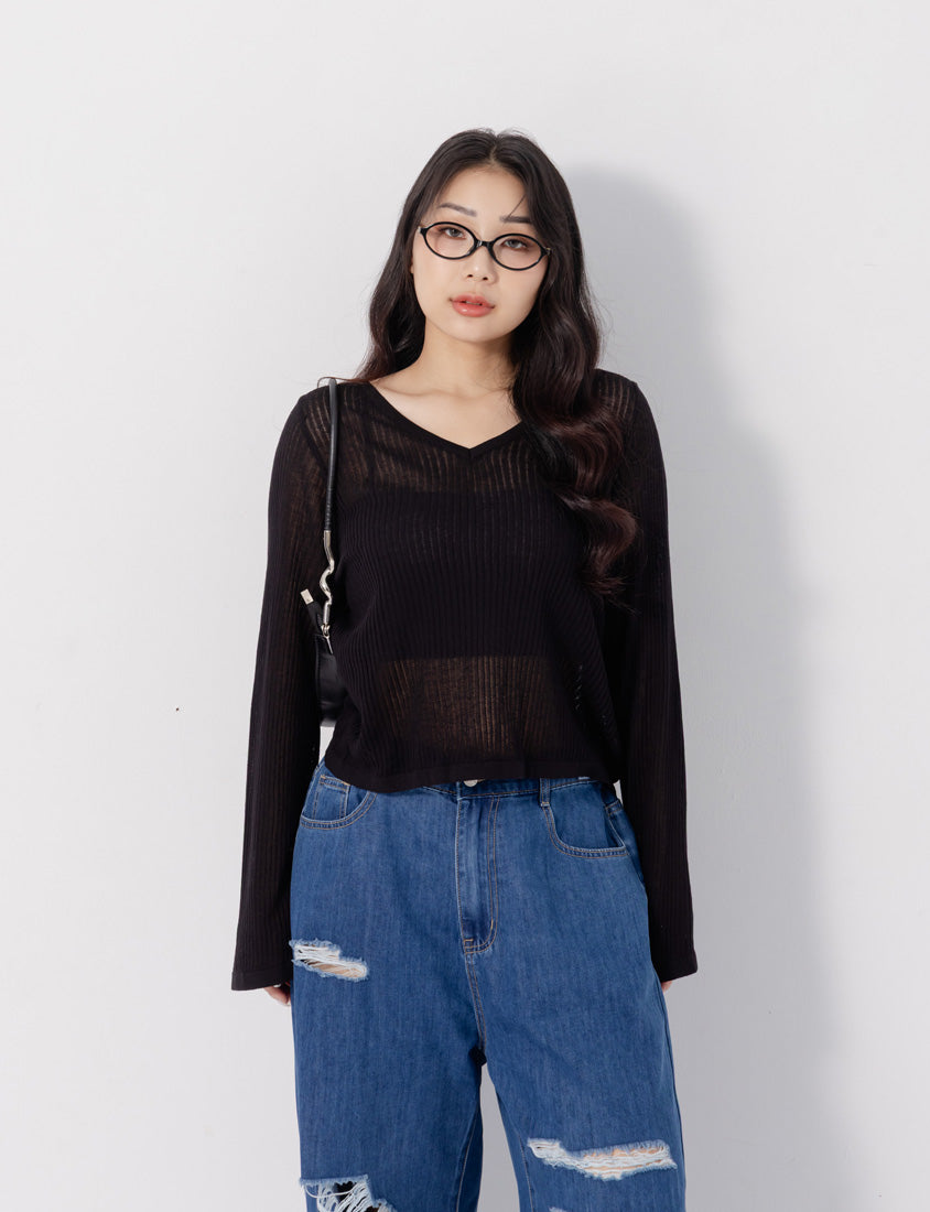 Lyocell Sheer Knit Plus Size Long Sleeve Top