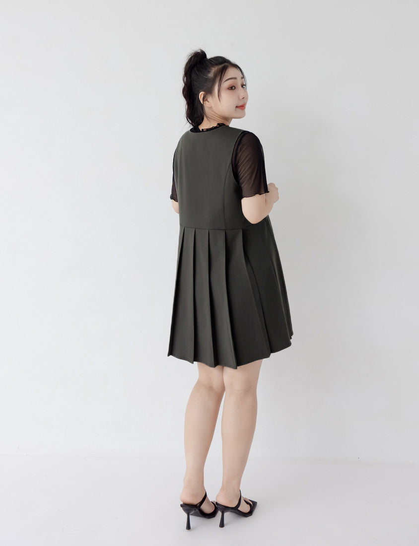 Square Neck Button Pleated Plus Size Mini Dress