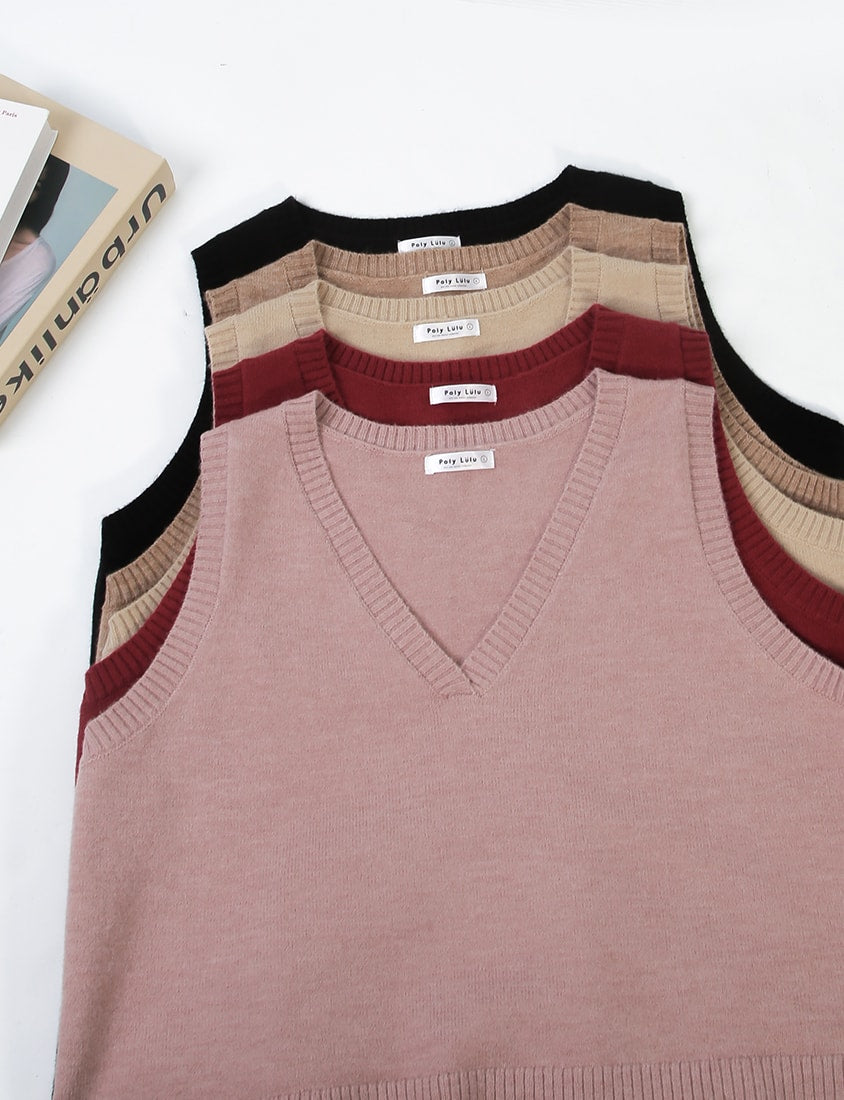 Versatile Multicolor V-Neck Cropped Plus Size Knit Vest