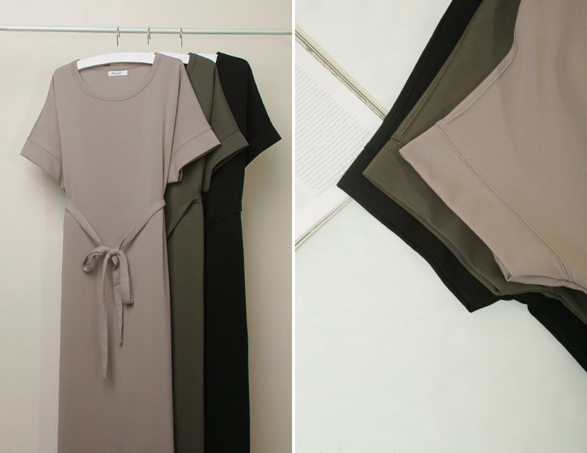 Casual Crew Neck Waist Tie Plus Size Maxi Dress