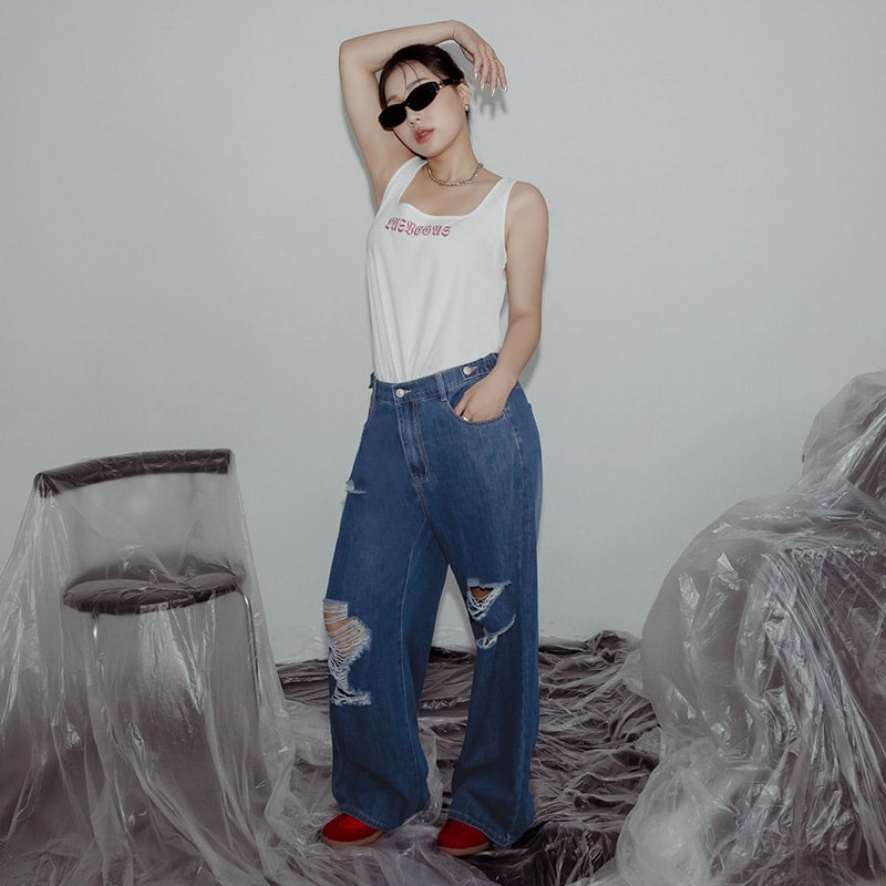 MUA! Lyocell Distressed Plus Size Wide Leg Jeans