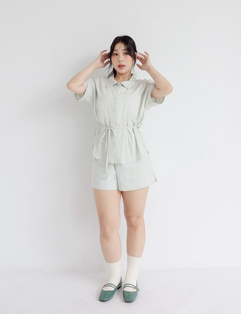 Airy Silky Linen Short Sleeve Plus Size Shirt (With Tie Belt)