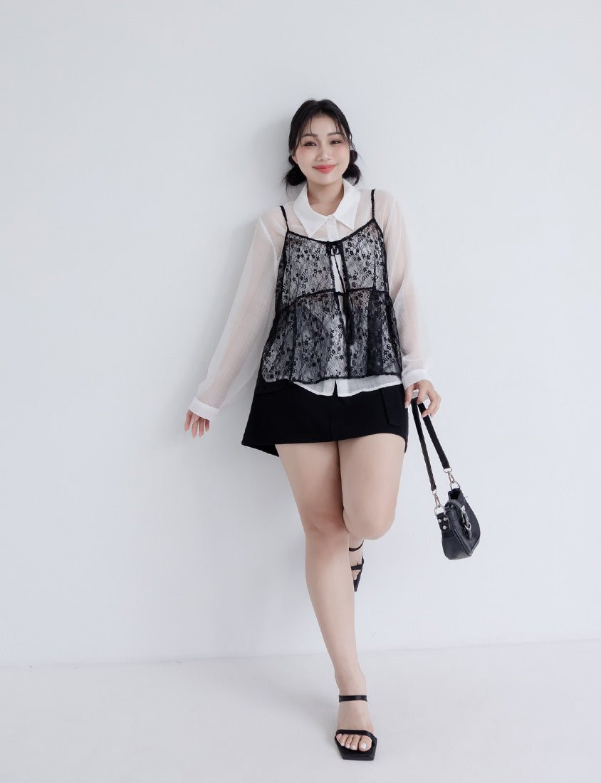 Crinkled Texture Sheer Plaid Plus Size Long Sleeve Shirt