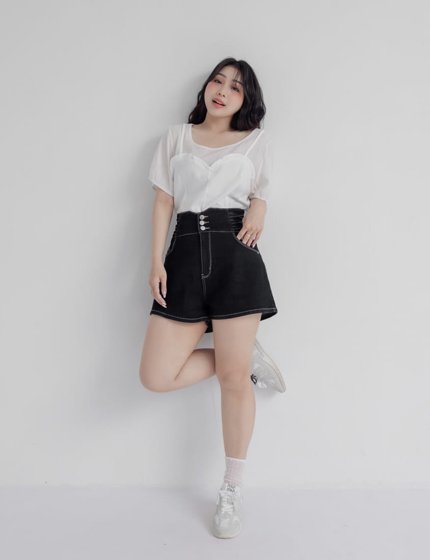 Cross Waist Tummy Flattering Plus Size Denim Shorts
