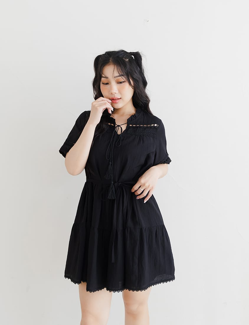 Intricate Lace Tie-Waist Flare Plus Size Mini Dress