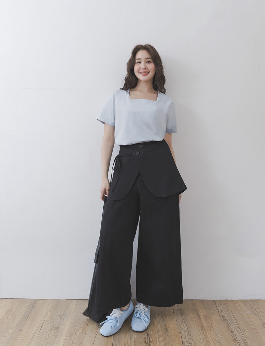 Layered Twill Plus Size Wide-Leg Pants (with Skirt Panel)