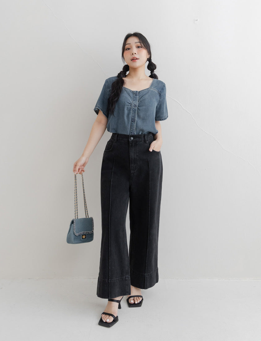 Front Ruched Button-Up Plus Size Denim Top