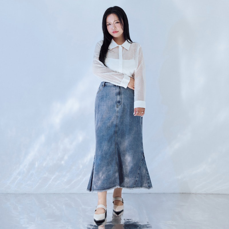 MORE U Cooling Silky Denim Slit Plus Size Mermaid Skirt
