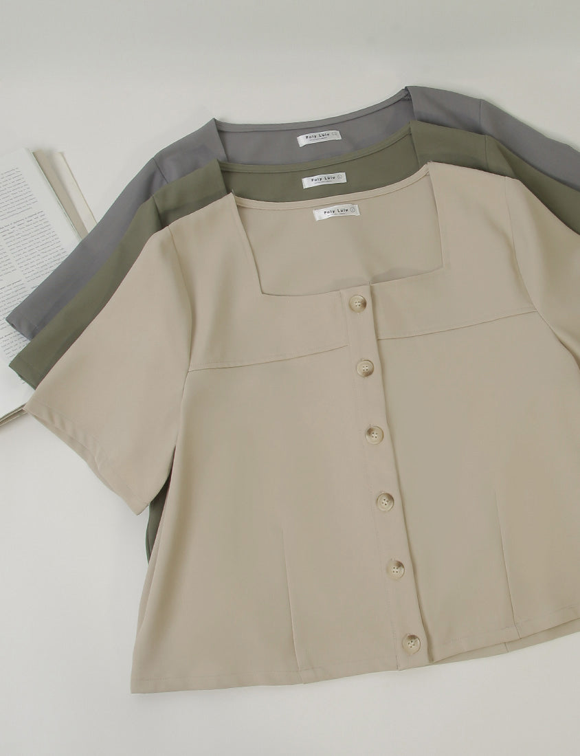 MISS. Korean Style Square Neck Twill Faux Button Top