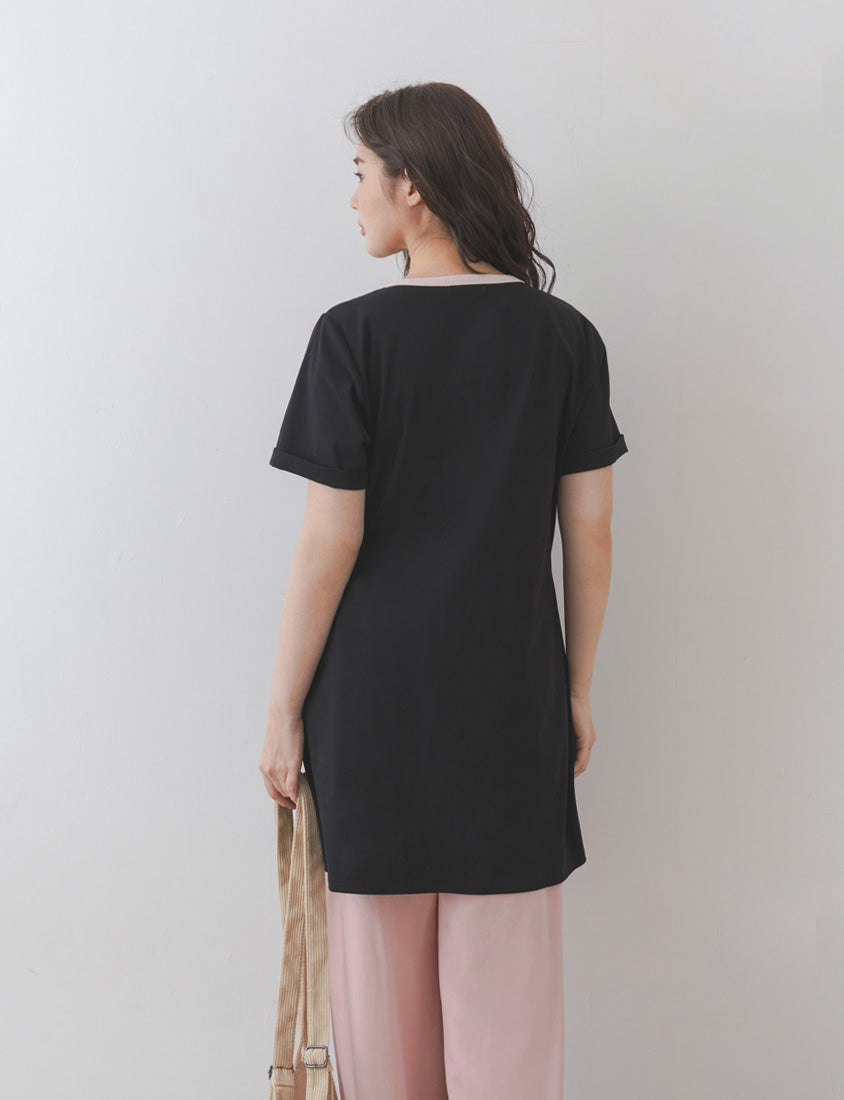 Contrast Crew Neck Hand-Drawn Print Plus Size Dress (Illustrator Collaboration)